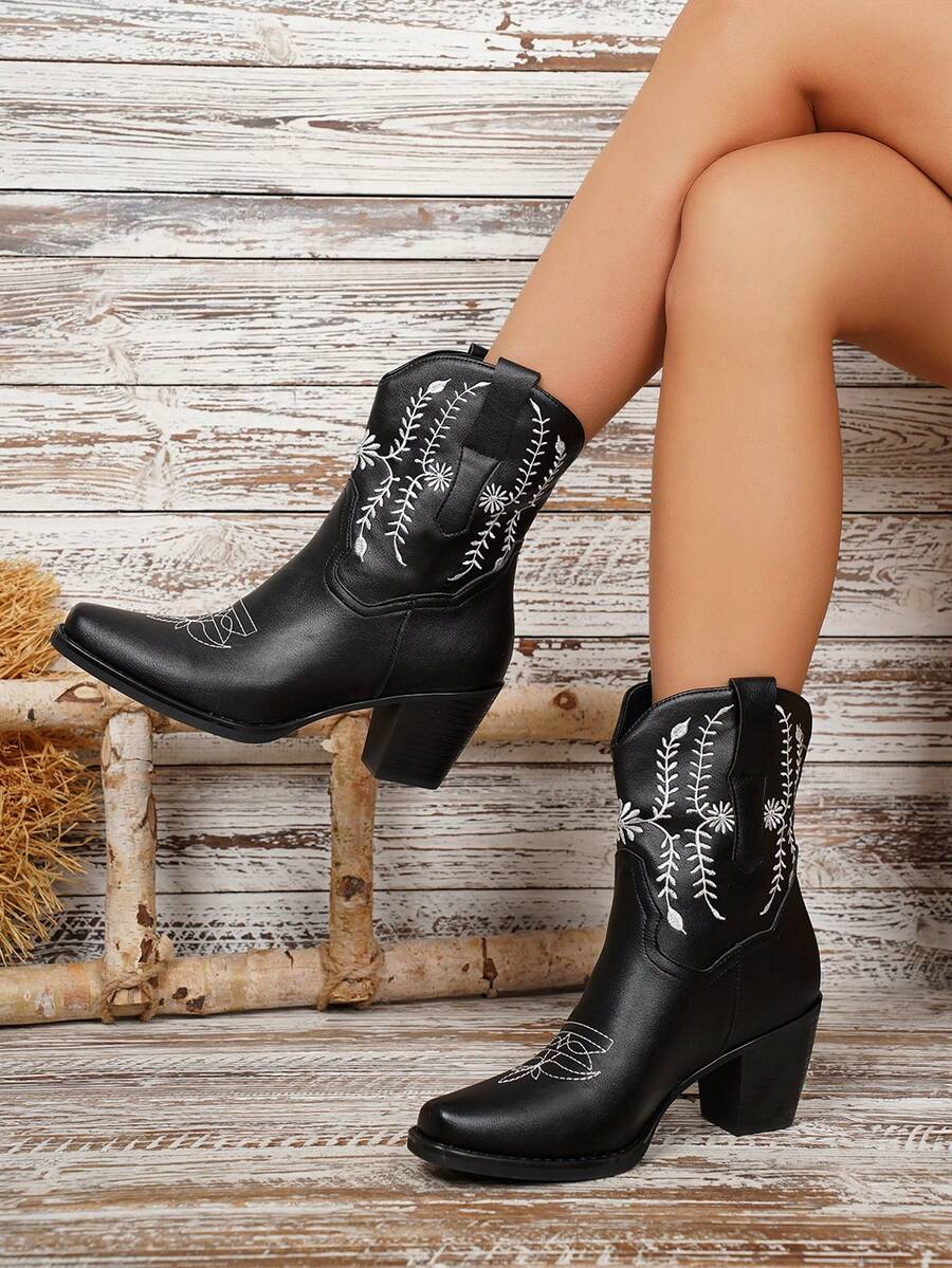 女士尖头粗跟刺绣西部牛仔踝靴 - 黑色 - 查看 1