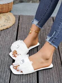 New Women's White Beach Sandals With Bow & Crystal Decor, Comfortable Soft Versatile Flat Shoes, Spring/Summer - White - View 2