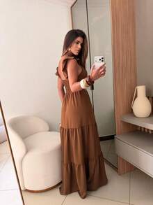 Long Dress With Lace Detail At The Waist, Duna Fabric. - Rust Brown - View 2