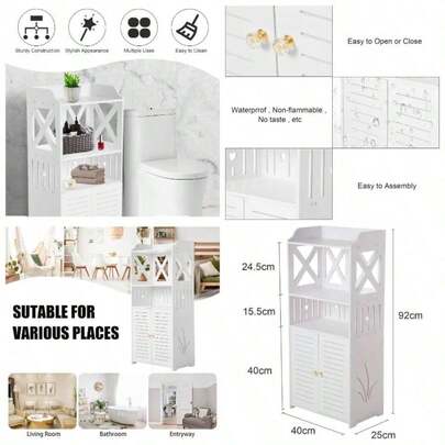 3 Tier Bathroom Storage Cabinet Floor Standing Display Cabinet Home Storage Furniture Organizer Unit Office Living Room Kitchen Entryway White 3 Tier