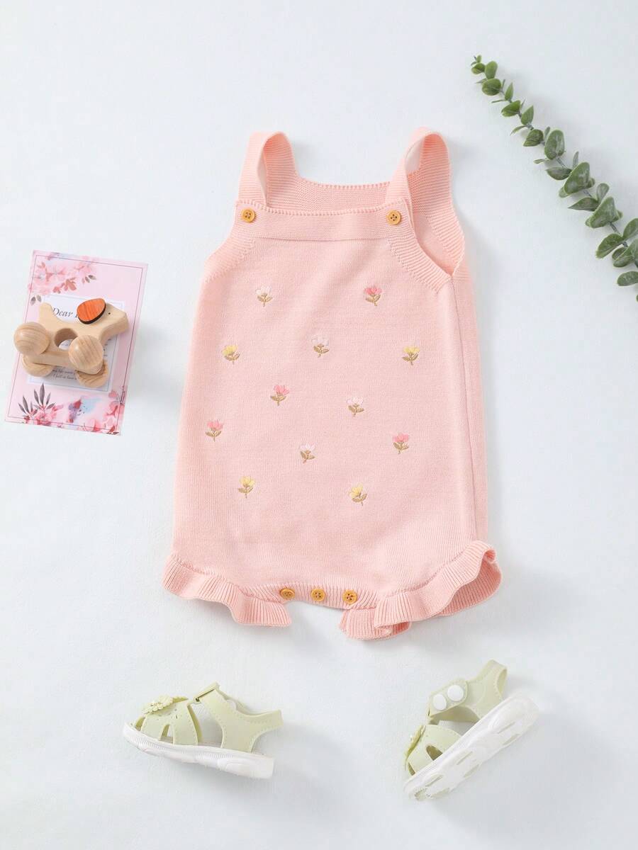 女婴轻薄针织花卉刺绣无袖连体衣,夏季 - 淺粉色 - 查看 1