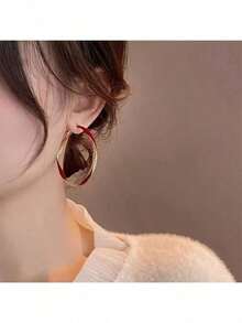 A Pair Of New Oil Drop Twisted Round Earrings, European And American Retro High-End Minimalist Earrings, Exaggerated Fashionable Earrings, Party And Holiday Gifts - 紅色 - 查看 3
