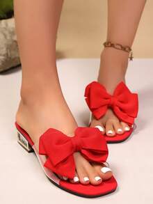 Damen Sommer Neue Mode Schleife Transparenter Träger Dekor Plateau Absatz Urlaubs Stil Schwarze vielseitige High Heel Sandalen - Rot - Übersicht 3