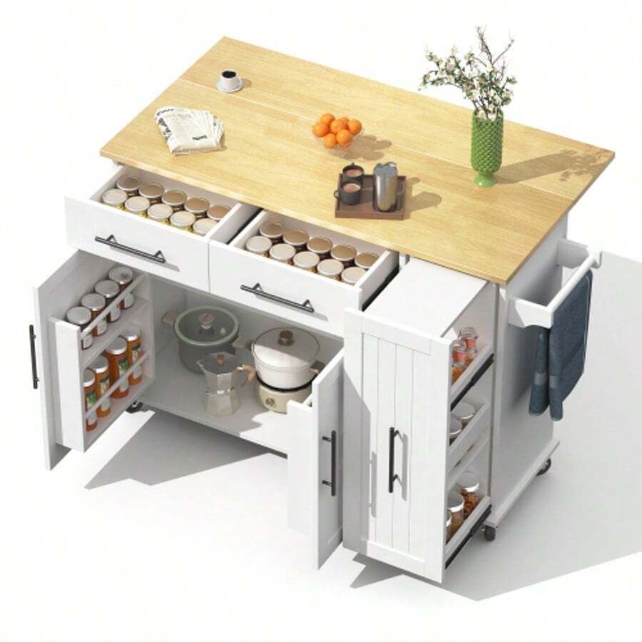 Kitchen Island With Drop-Down Front, Serving Cart With 3-Tier Pull-Out Organizer, Internal Storage Shelf, Rolling Trolley With Towel Rail And 2 Drawers For The Dining Room, White - 白色 - 查看 1
