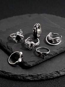 Bộ 6 chiếc nhẫn hình bướm, hình học, hình trái tim phong cách đường phố Y2K làm từ nhựa, đính đá, chất liệu giả kim cương. - Bạc - Xem 4