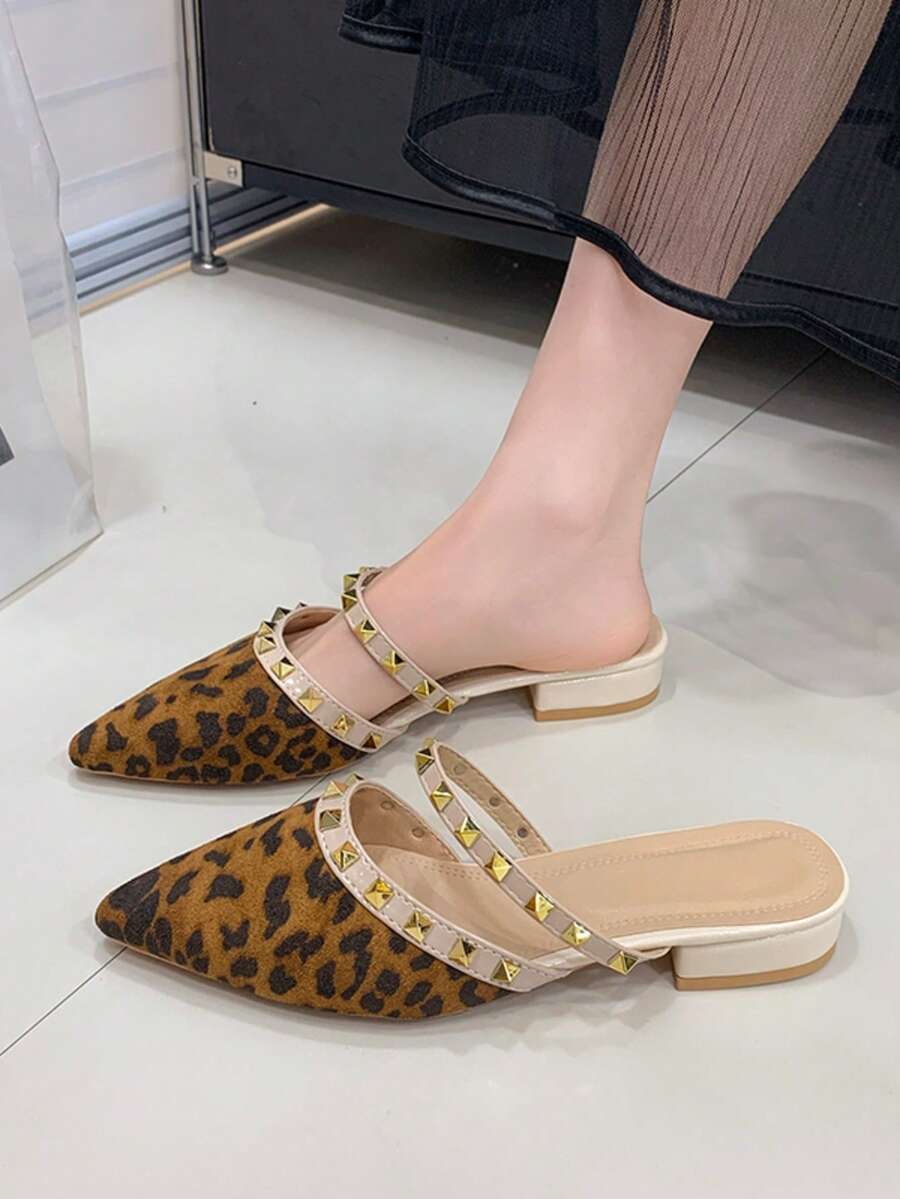 Women's Flat Slip-On Shoes With Studs, Chunky Heel, Closed Toe, Half-Backless, New Style For Outdoor Wear, Pointed Toe, Low Heel, Rhinestone PU Leather Soft Skin Mule Shoes