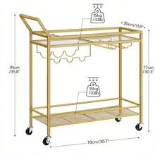 [Golden Bar Cart] Golden 2-Tier Bar Cart With Wine Rack And Glass Holder | Kitchen Serving Cart With Wheels And Guard Rails For Dining Room, Living Room, Party, Home - Golden Color - View 5