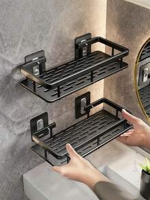 1pc Reinforced Thick Plastic Bathroom Shelf, Wall-Mounted Bathroom Storage Rack - Multicolor - View 2