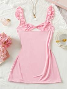女士性感粉色内衣，浪漫修身腰部和褶皱胸部设计，镂空下摆，蝴蝶结装饰，荷叶边点缀，露背性感睡衣，情人节礼物 - 粉色 - 查看 2