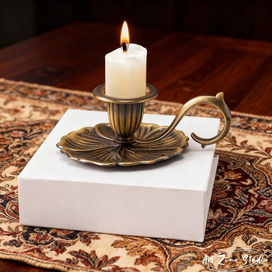 1个优雅复古锌合金烛台，双色金银，圆柱形烛身，带弧形防滑手柄，压花花卉图案，光滑哑光表面，坚固的锌合金结构，耐热易握设计，稳定的蜡烛支撑防止倾倒，点燃时散发温暖的金属光泽，适用于圣诞晚餐、家庭聚会、秋季露营、节日礼物等场合，兼具复古优雅和实用功能。