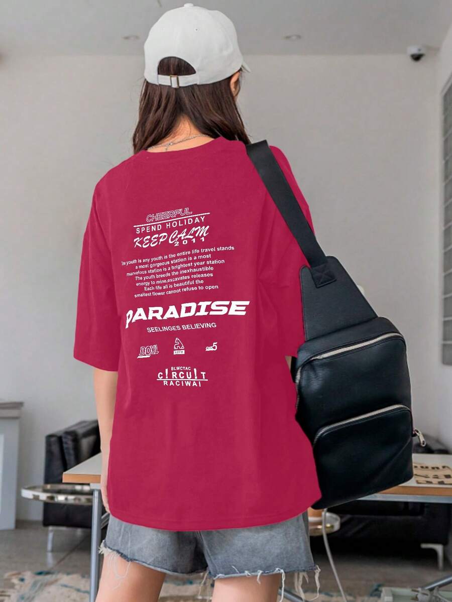 Women's Oversized Printed T-Shirt - Cheerful Paradise Phrase - Loose, Casual, Stylish, Modern, And Cool Blouse - 粉色 - 查看 1