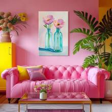 1pc Valentine Wall Art, Token Of Love, A Pink Wooden Framed Wall Art, Wrapped Canvas Vintage Prints Poster, Vases, Pink Flower, Purple Flower, Home Living Room Bedroom Ofice Wall Decor, Birthday Party Decor, Hanging Hardware Included - Wrapped Framed Canvas, Vertical - Lienzo enmarcado - Ver 7