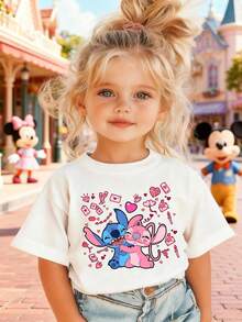Disney Girls' T-Shirt, Featuring Creative Stitch And Angie Cartoon Prints. Summer Cotton Crew-Neck Short-Sleeve Tee For Girls, Perfect For Everyday Wear, Vacations, Outdoor Activities, And As A Gift For Children. - White - View 1