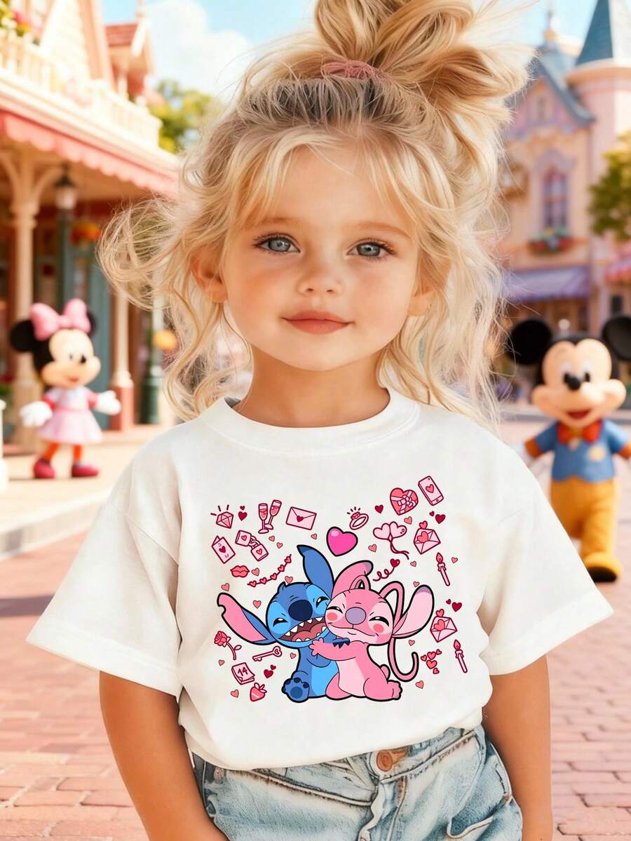Disney Girls' T-Shirt, Featuring Creative Stitch And Angie Cartoon Prints. Summer Cotton Crew-Neck Short-Sleeve Tee For Girls, Perfect For Everyday Wear, Vacations, Outdoor Activities, And As A Gift For Children. - White - View 1