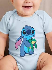 Disney Baby Clothing, Newborn  - Unisex - Disney Stitch Creative Cartoon Print - Crawling And Toddling Stage Set - Summer Outdoor Casual Crewneck Crawling Coverall With Triangle Hem Design - Summer Essential Item - Fun-Filled - Adorably Cute - Perfect Holiday Gift For Infants And Toddlers - 淺藍色 - 查看 2