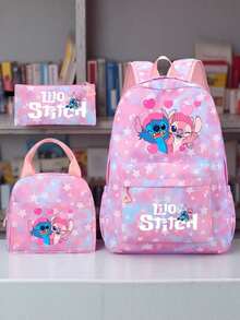 3pcs Stitch Preppy Nylon Backpack Set, Adjustable Straps Zipper Closure & Tablet Compartment, Includes Handbag And Pencil Case, Lightweight Large Capacity Hand Washable Bag For Daily Commute Back To School Travel - Multicolor - View 1