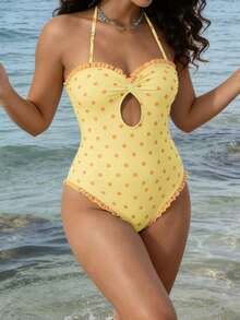 Women's Halter Neck Monokini Swimsuits Fashionable Dot Print Sleeveless Ruffle Bathing Suit - Yellow - View 5