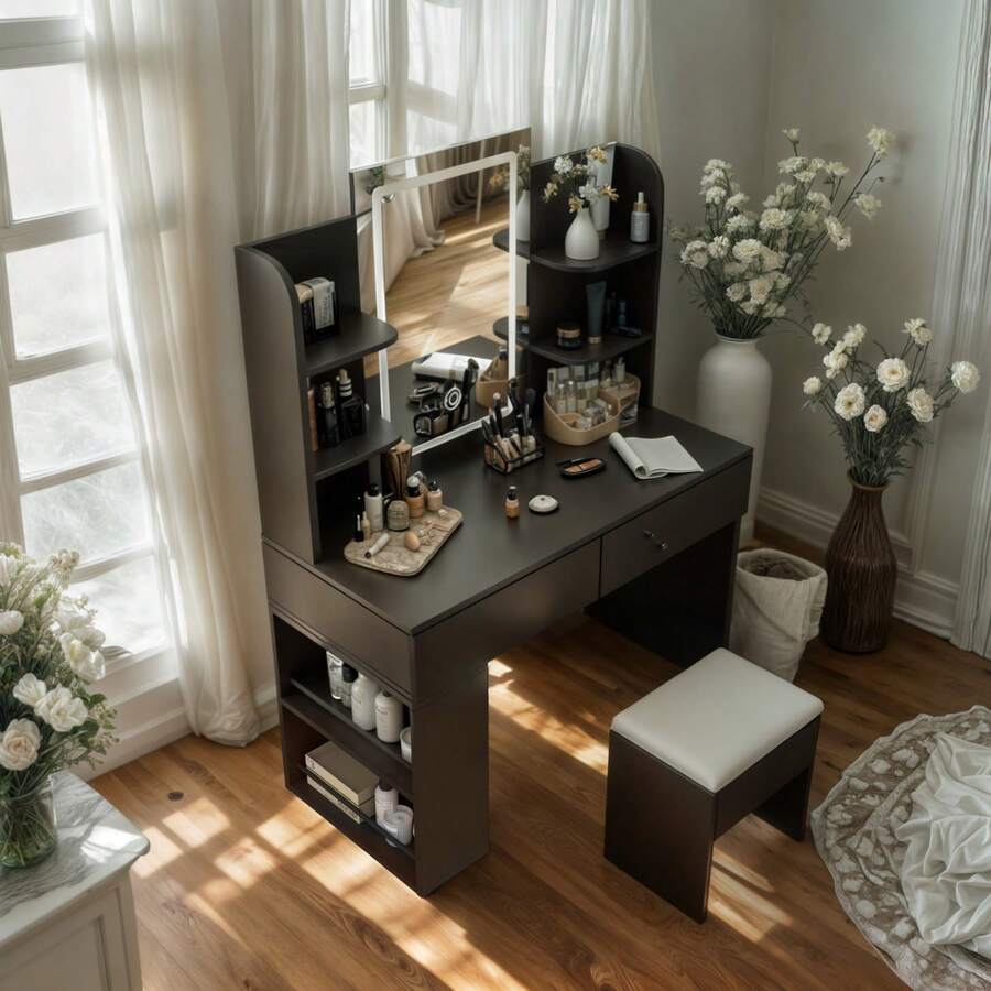 Devoko Dressing Table With LED Lighting, 3 Colors With Adjustable Brightness, Dressing Table With Mirror For Make-Up, Cosmetic Table With Adjustable Shelves, 2 Drawers, Modern, White - View 1
