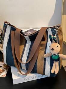 1pc Striped Contrast Color Large Capacity Canvas Tote Bag With Pendant, Exclusive For School And Daily Use - Multicolor - View 1