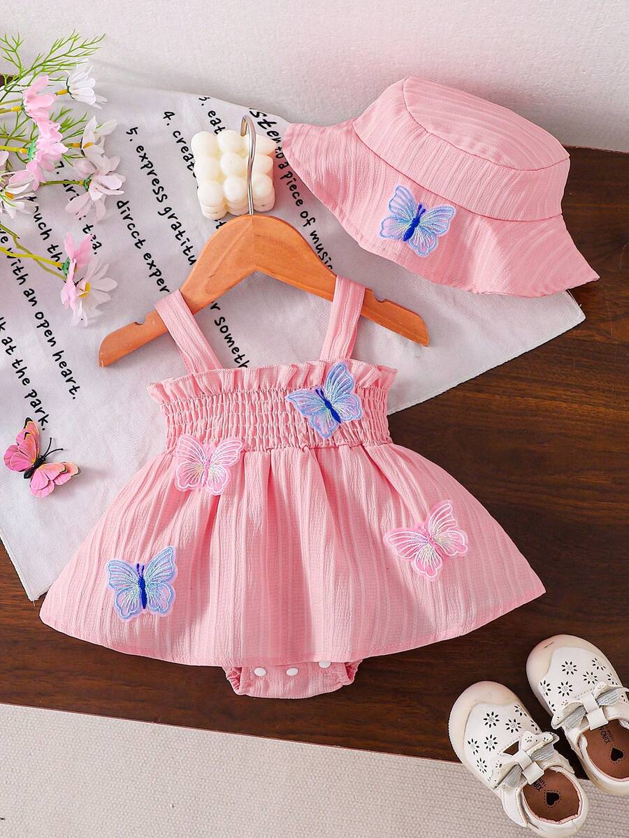 2件套女婴套装，粉色蝴蝶刺绣连体衣配同款帽子，春夏款 - 粉色 - 查看 1