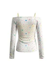 甜美前卫露肩长袖星星印花防晒罩衫和吊带背心两件套 - 白色 - 查看 7