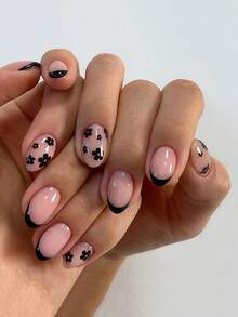 瞬间提升你的造型！24 件/套 短椭圆形裸粉色法式黑色边框装饰雏菊甜美酷炫可爱美甲套装，适合返校季佩戴，适合辣妹、上班族女性、派对、约会、日常佩戴和聚会使用。 - 黑色 - 查看 1