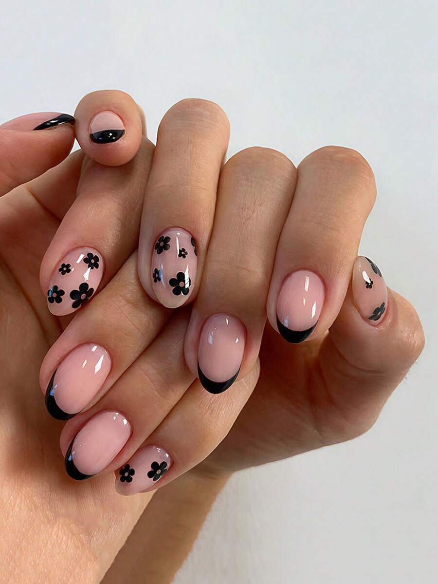 瞬间提升你的造型！24 件/套 短椭圆形裸粉色法式黑色边框装饰雏菊甜美酷炫可爱美甲套装，适合返校季佩戴，适合辣妹、上班族女性、派对、约会、日常佩戴和聚会使用。 - 黑色 - 查看 1