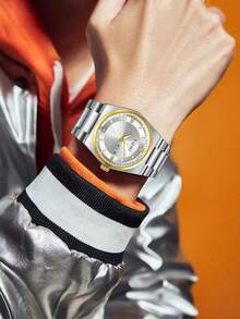 TOMI 男士腕表，配有表冠胸针、戒指、拆卸工具，简约设计，圆形表盘镶嵌钻石，锌合金表带，石英机芯，礼盒包装，适合日常生活、商务场合、父亲节、情人节、圣诞节等场合佩戴。 - 銀色 - 查看 3