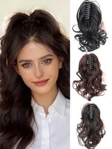 Extensiones de cabello postizo con cola de caballo glamorosa y rizada de aspecto natural, de 12 pulgadas, voluminosas y gruesas, resistentes al calor, sintéticas de lujo con cierre sin deslizamiento para cabello fino, para fiestas, bodas y uso diario (colores: negro natural, marrón claro, marrón oscuro, negro con tono marrón) - Multicolor - Ver 2