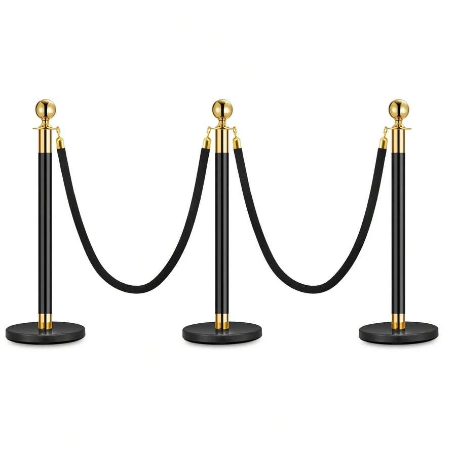 Techigher Stanchion Posts Queue With Black Velvet Rope, 5 Ft Black Carpet Ropes And Poles, Crowd Control Barriers Queue Line Rope, Barriers For Party Supplies - Black I 3 Pack I 2 Rope - View 1