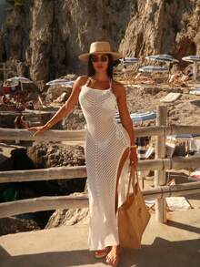 MORI 2026春夏新款白色吊带针织连衣裙，高开衩设计，镂空露背，斜纹纹理，优雅柔美，轻松打造时尚造型，适合浪漫假期、泳池派对、海滩度假、音乐节等各种场合。 - 杏色 - 查看 1