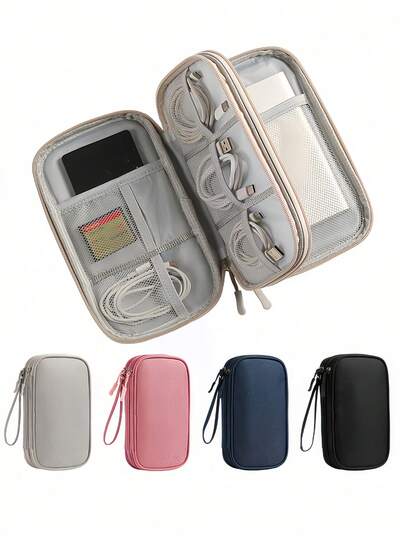 大容量旅行数码配件收纳包，多功能便携防水双层整理袋，可收纳充电器、手机、耳机、鼠标、数据线、移动电源、硬盘等，适合旅行、上学、办公、工具包使用。