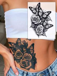 1-2周防水临时纹身贴纸，性感玫瑰、牡丹、兰花、蝴蝶、时钟多图案可选，天然植物成分，适用于手臂、大腿、胸部、背部、肩膀、锁骨等部位，适合DIY嘉年华、情人节、派对等场合。 - 藍色 - 查看 24