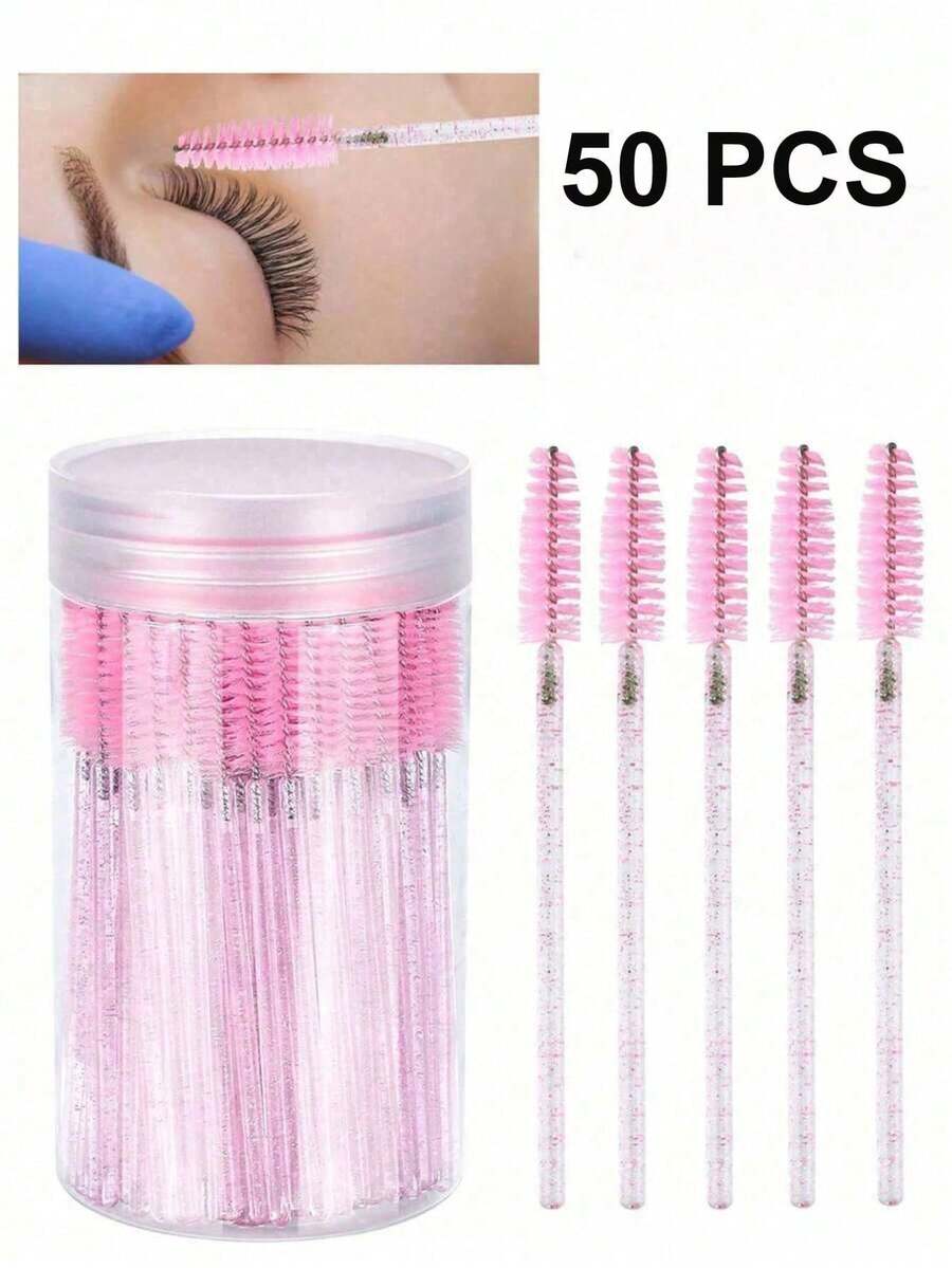 50PCS Hygienic Disposable Eyelash Brushes – Crystal Pink Precision Brush Head, Bendable Spoolies With Storage Container - Nhiều màu - Xem 1