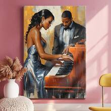 1pc Valentine Day Gift, Spring Wall Art, Christmas Decor Wooden Framed Wall Art, Wrapped Canvas Vintage Prints Poster, Man And Woman Playing Piano, Musical Performance, Formal Attire - Modern, Realistic Painting, Detailed, Classic Style, Birthday Party Decor, Decorative Wall Art for Living Room Bedroom Office, Hanging Hardware Included - Wrapped Framed Canvas, Vertical - Lienzo enmarcado - Ver 4