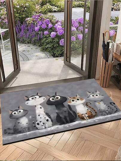 1 件装极简北欧风五猫图案迎宾垫，法兰绒方形地毯，适用于玄关、前门、客厅，灰色可水洗地毯，完美契合现代极简主义和北欧风格家居装饰。