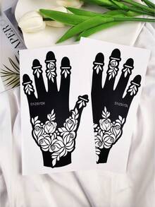 2 Pieces Palm-Center Rose & Leaf Pattern Tattoo Stencils – Exquisite Hollowed-Out Delicate Textures, Reusable, Suitable For DIY Personalized Temporary Tattoos, Fit For Party & Daily Body Decoration, Easily Create Custom Romantic-Style Tattoo Looks