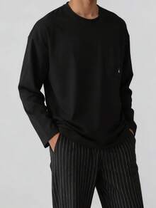 2 件男士休闲宽松睡衣套装，适合派对、居家、旅行、年轻人、家居服，圆领长袖上衣带口袋，侧条纹裤，针织面料，春秋冬秋季服装 - 黑色 - 查看 4