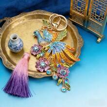 Phoenix Keychain, Gold-Toned Frame With Multi-Colored Sparkling Crystals, Iridescent Crystal Accents, Floral & Leaf Decor Details, Exquisite Phoenix Shape, Ideal Key Accessory, Party Outfits, Gifts For Fantasy Lovers & Valentines Gift - 黃色 - 查看 7