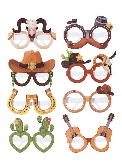 8 piezas Gafas de papel con estilo vaquero occidental, gafas de papel con patrón de sombrero vaquero para decoraciones de fiesta vaquera occidental, suministros de fiesta de primer cumpleaños con temática vaquera occidental, decoraciones de fiesta de baby shower, decoraciones de fiesta de revelación de género, recuerdos de fiesta, regalos de cumpleaños