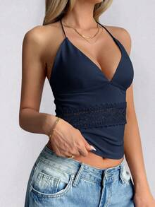 GAOVOT 女士 Y2K 性感蕾丝拼接露背吊带背心，修身夏季短款上衣，适合日常通勤休闲穿着 - 藏蓝色 - 查看 8
