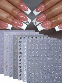 7pcs Gothic Style Nail Art Stickers, Mixed Colors (White, Black, Silver Letters, Old English Characters), DIY Nail Decoration Set - Multicolor - View 2