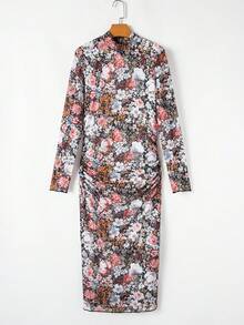 Acelitt Bohemian Style Floral Print Turtleneck Long Sleeve Ruffle Hem Midi Fitted Dress - Multicolor - View 5