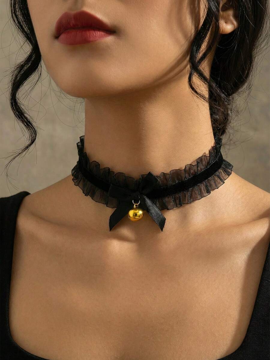 1件优雅黑色蕾丝颈链，配可爱金色铃铛和蝴蝶结吊坠，送给她的礼物 - 黑色 - 查看 1