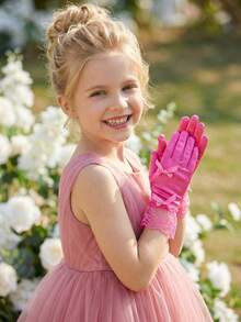 1 Pair 3-10Y Kids Satin Smooth Elastic Bow Gloves, Rose Red Series - 1Pair - View 9
