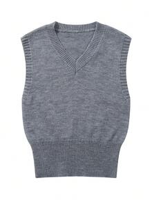 Women's Solid Color Minimalist Casual Commute Versatile Sleeveless Knit Vest Top, V-Neck Ribbed Sweater, Grey, Spring/Summer - Grey - View 4