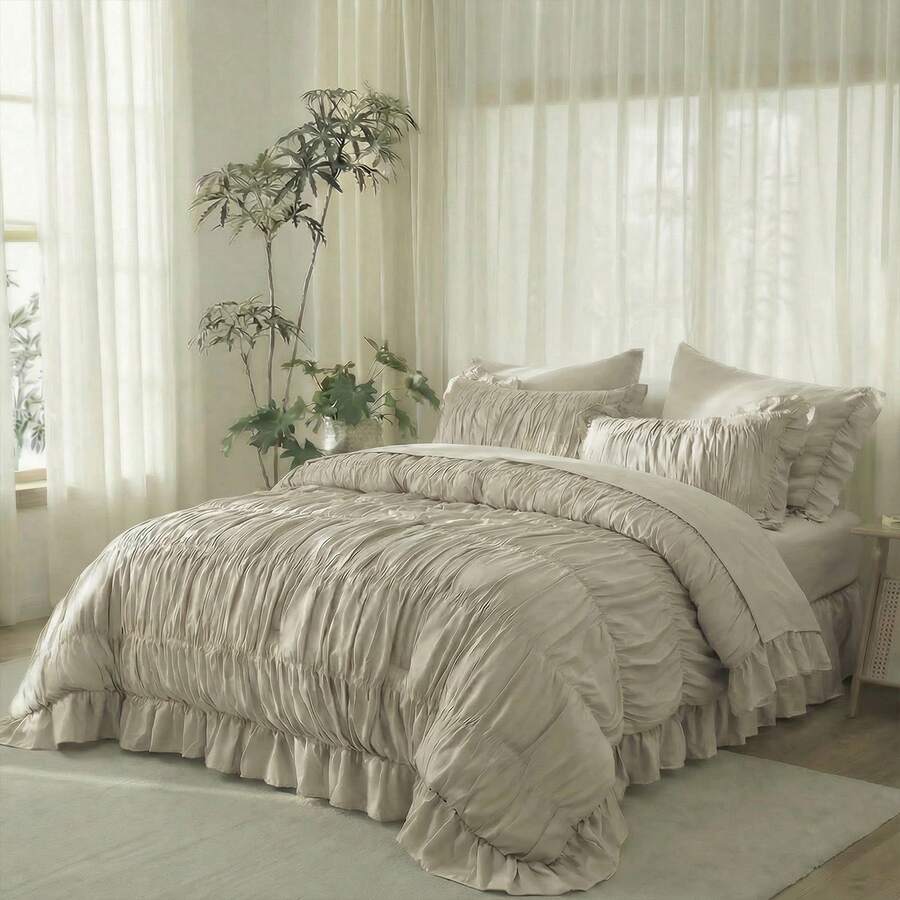 Ruffle Duvet Cover Set,Ruched Boho Bedding 3 Pieces Shabby Chic Luxury Wrinkle Ruffle Comforter Cover Set With 1 Duvet Cover Set,2 Pillowcases,Breathable And Soft Microfiber Quilt Cover Set For All Seasons - Màu be - Xem 1