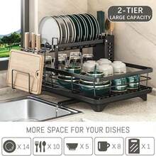 Dish Drying Rack, 2 Tier Dish Rack For Kitchen Counter, Dish Rack With Drain Board And Mat, Dish Drainer With Knife, Fork And Cup Holders, Gifts For Women, Mother's Day, Cool Stuff And Kitchen Gadgets - 黑色 - 查看 5