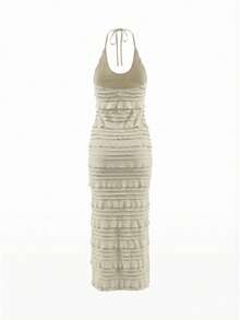 奶油色露背褶皱修身长款连衣裙 | 适合约会和海滩的修身度假连衣裙 - 杏色 - 查看 6