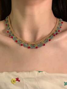 1件新款中国风多层蕾丝红蓝撞色串珠项链，民族风配饰颈链，女士款